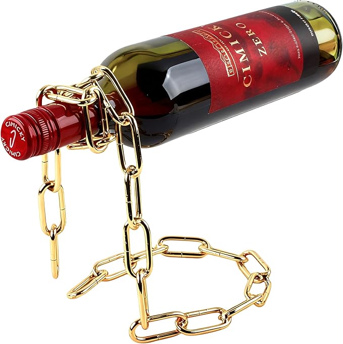 TBWHL Novelty Magic Wine Bottle Holder Floating Steel Link Chain Wine Bottle Rack/Holder - Holds Bottles in The Air, Unique Levitating Wine Bottle Stand for Home Bar, Kitchen, or Party Deco（Gold）