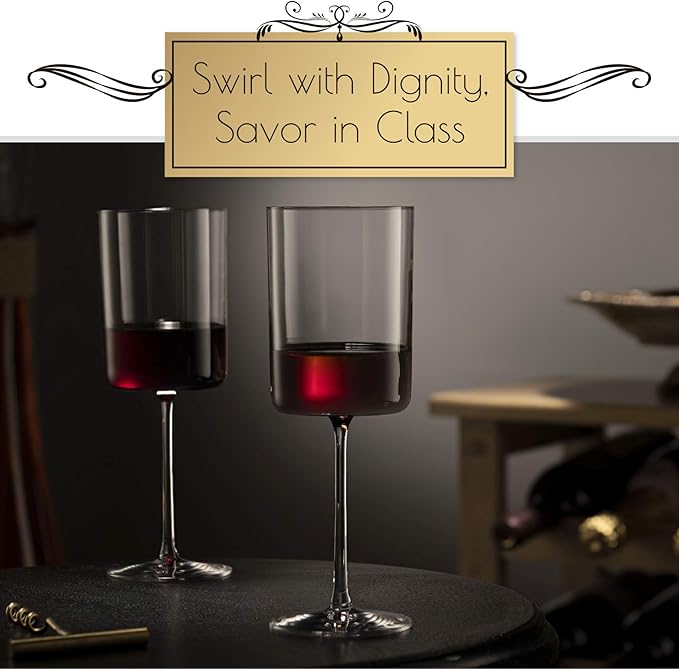 BENETI Large Square Wine Glass Set of 4-17 oz European-Made Hand Blown Glass White Wine Goblets w/Laser-Cut Rim, Dishwasher-Safe Crystal Clear Red Wine Glass Gift Set