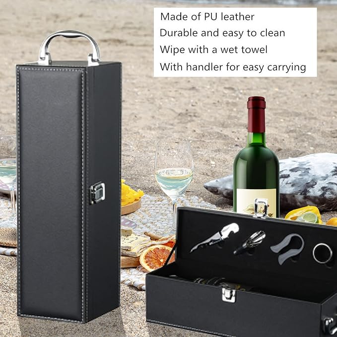 Bottle Wine Carrier,Leather Wine Gift Boxes ,for Wedding, Anniversary,Travel, Restaurant, Party, Gifts for Wine Lovers , Storage Box for Home Bar Wine Collection With 4pcs Wine Accessories Set（black）