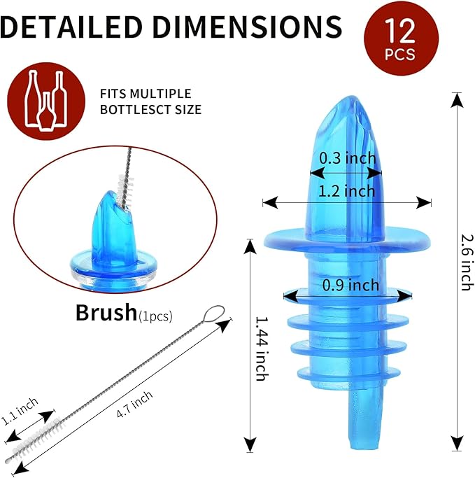 Plastic Liquor Bottle Pourers blue- 12 Pack Classic Bottle Pourers for Alcohol, Leak-Proof, Dishwasher-Safe Pour Spouts for Liquor Bottles (blue)