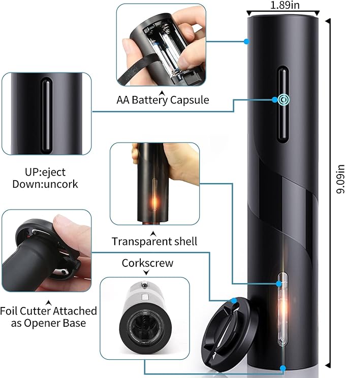 Electric Wine Bottle Opener, Automatic Wine Corkscrew Openers Battery Operated. One-click Button Opener with Foil Cutter, Reusable Wine Key for Wine Bottles, Gift for Wine Lovers Kitchen Party