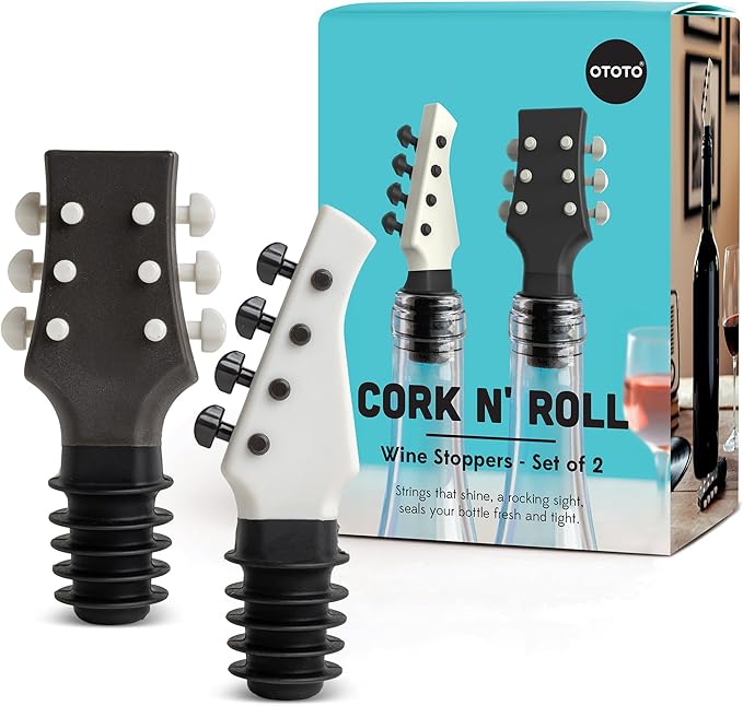 OTOTO Wine Stoppers Set of 2 – Bass & Guitar Wine Bottle Stopper, Fun Wine Corks, Wine Accessories, Champagne Stopper, Unique Kitchen Gadgets, Quirky Gift (Cork N' Roll)