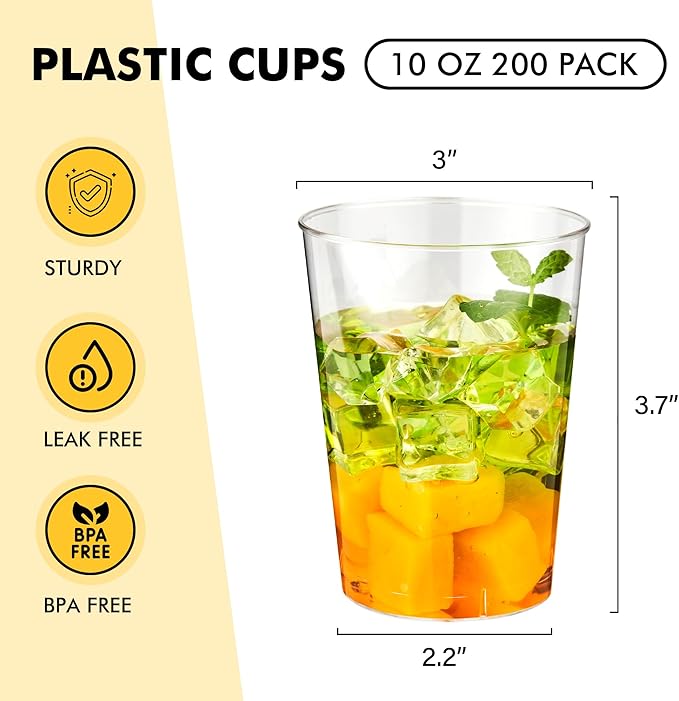 RACETOP 10 oz Clear Disposable Plastic Cups 200 Pack, Clear Plastic Cups Tumblers, Heavy-duty Party Glasses, Disposable Cups