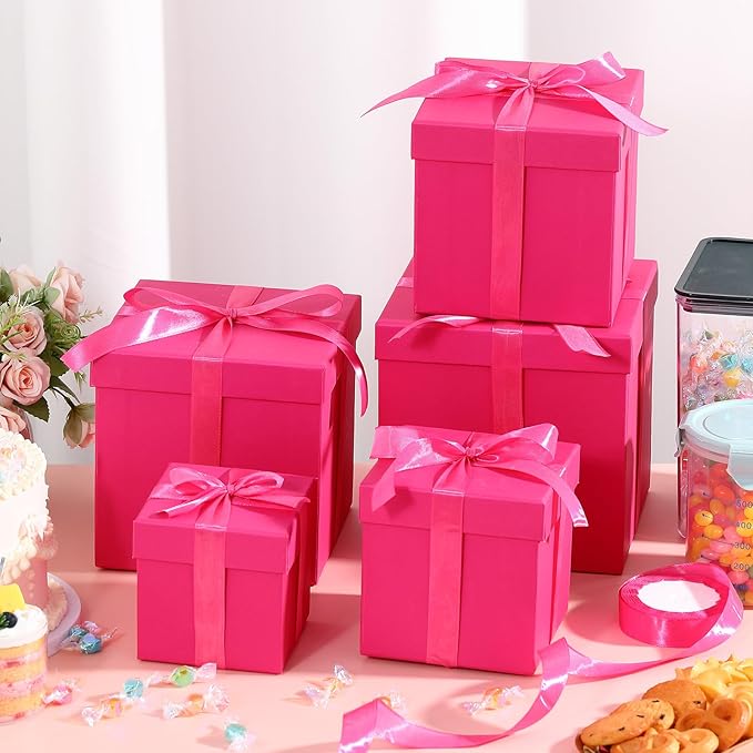Cholemy 5 Pcs Square Nesting Boxes Decorative Gift Boxes with Lid and Ribbon Assorted Sizes Wrap for Wedding, Carnival, Anniversary, Birthday, Bridal Shower Party Gifts(Hot Pink)