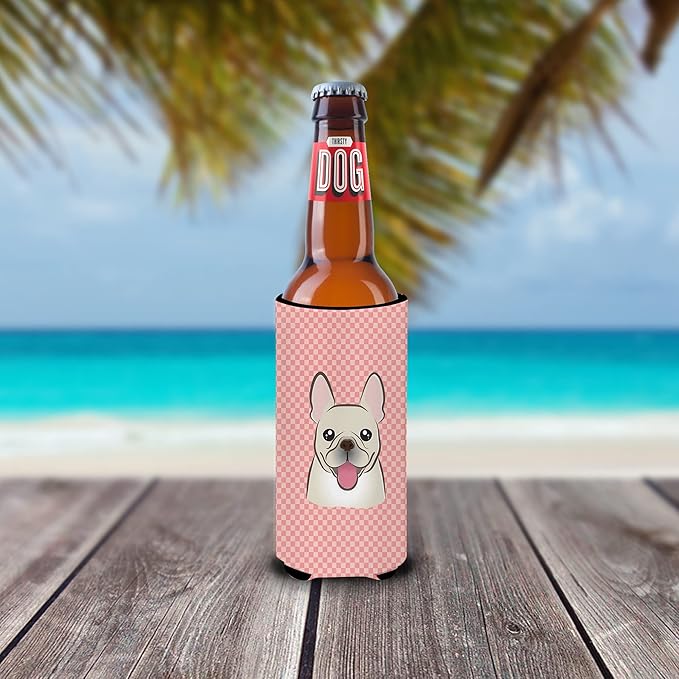 Checkerboard Pink French Bulldog Ultra Beverage Insulators for slim cans