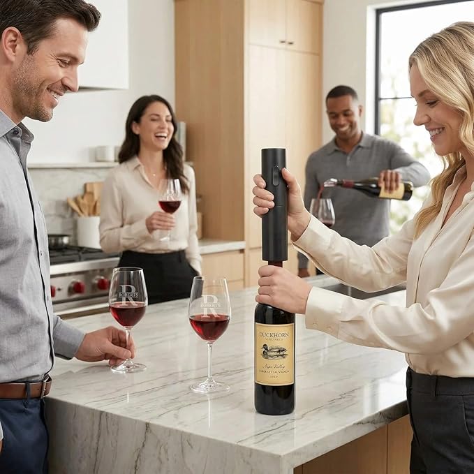 Custom Wine Glasses Set - 6pc Engraved Wine Glasses with Electric Opener, Wine Accessories, and Luxury Box
