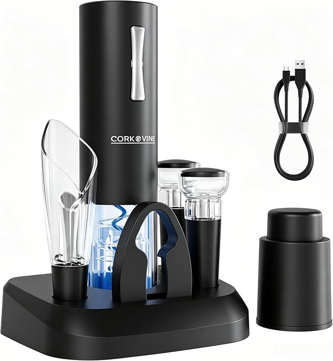 Cork & Vine Rechargeable 7-Piece Electric Wine Opener Set – Automatic Corkscrew with Charging Base, Wine Aerator Pourer, Foil Cutter & Vacuum Wine Stoppers – Wine Accessories Gift Set