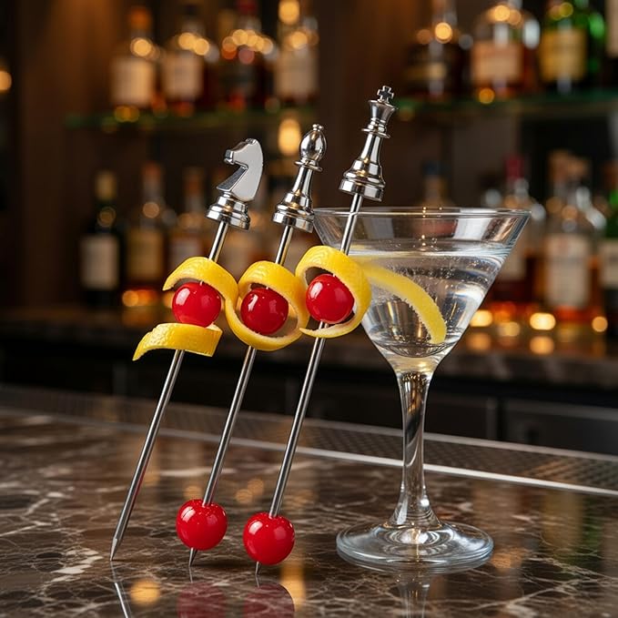 Homestia Metal Chess Cocktail Picks, 6 Pcs 4.7 Inch Reusable Stainless Steel Chess Metal Toothpicks for Appetizers Sandwich Fruit Skewers Martini Picks Stick for Party Holiday Supplies