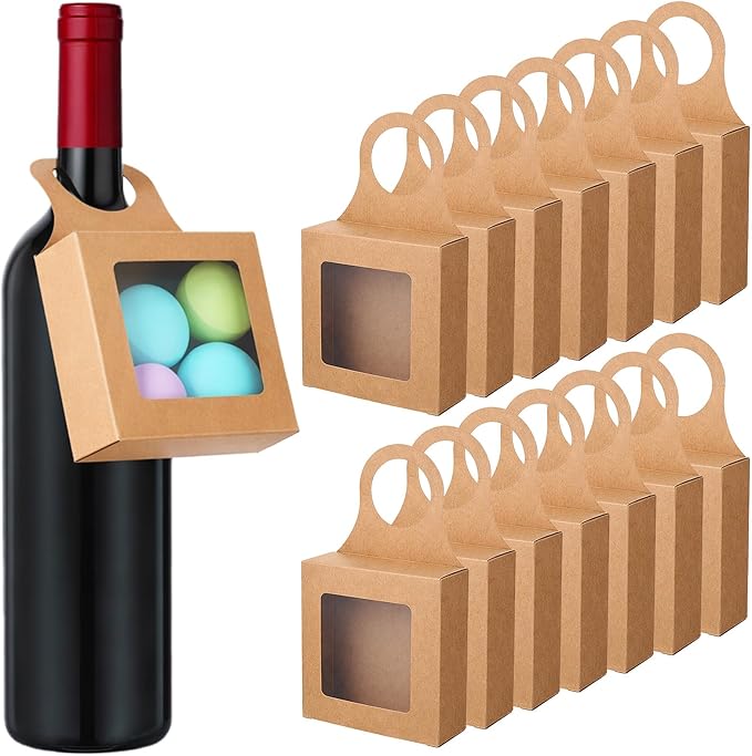 Qulkws 15 Pcs Wine Bottle Hanging Gift Box with Window Handles Foldable Packaging Bags Wine Accessory Sets for Empty Bottles Decorations Weddings Holidays(3.5x3.5x1.2 Inches)