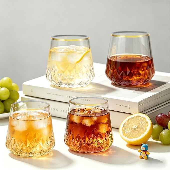 Lueumxc 40 Pack Plastic Wine Glasses, 14Oz Gold Rim Disposable Wine Glasses Unbreakable Rhombus Plastic Cocktail Glasses Recyclable Shatterproof Reusable Wine Cups