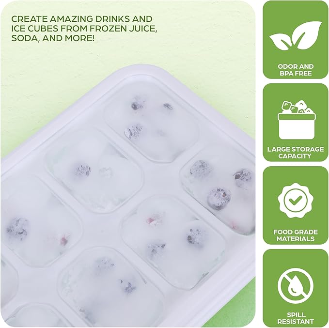 Ice Cube Tray Set with Lids & Bin, 4 Silicone Ice Trays with Scoop & Tongs, BPA Free Ice Maker for Whiskey, Cocktails, Coffee & Freezer Storage
