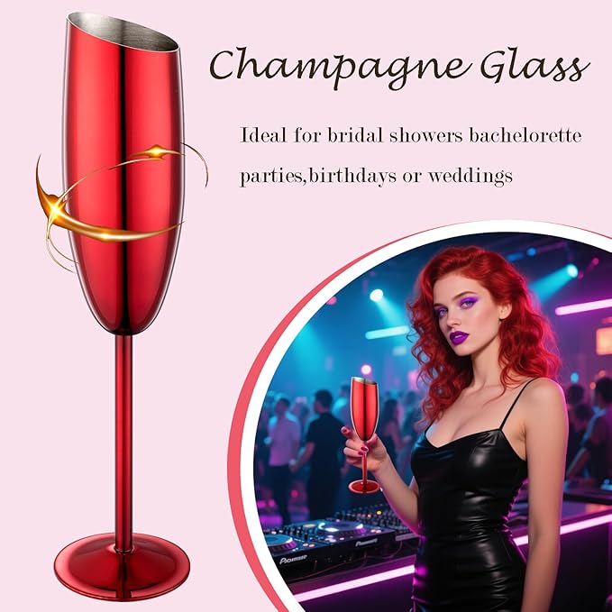 Champagne Flutes Set of 2, Premiumty Stainless Steel High Footed Champagne Glasses, 7oz Capacity,Unbreakable Slanted Champagne Glasses