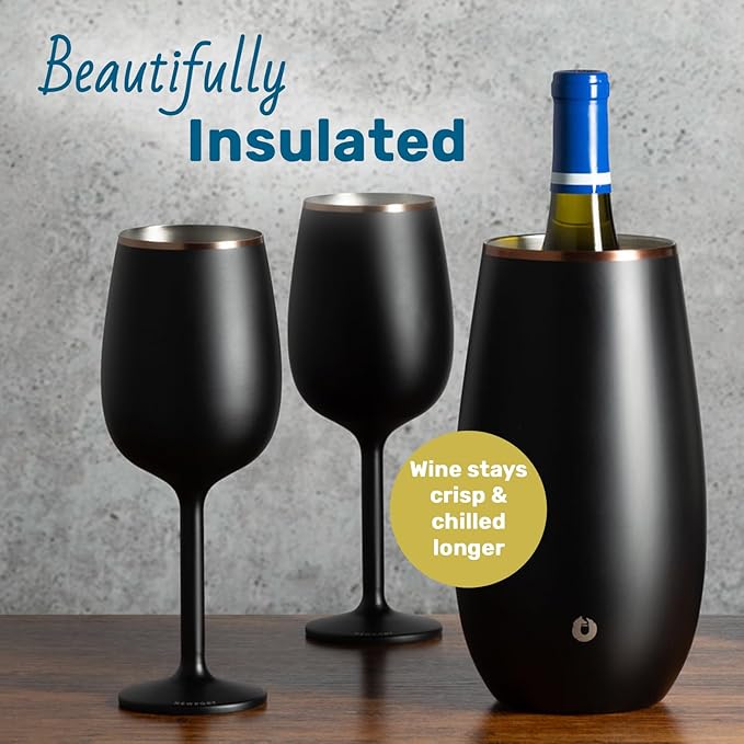 SNOWFOX Premium Vacuum Insulated, Triple Walled, Stainless Steel Wine Chiller w/Optimal fit to keep wine cold longer. Fits most Wine and Champagne Bottles. Non-Slip Silicon Base, Shimmer Gold