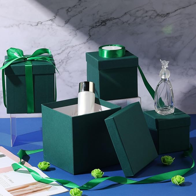 Cholemy 5 Pcs Square Nesting Boxes Decorative Gift Boxes with Lid and Ribbon Assorted Sizes Wrap for Wedding, Carnival, Anniversary, Birthday, Bridal Shower Party Gifts(Green)