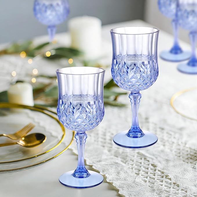 7OZ Plastic Wine Glasses, Disposable Goblets Drinking Glasses Crystal Vintage Water Cups Unbreakable Champagne Glasses for Wedding, Parties, Valentine's Day (Blue)