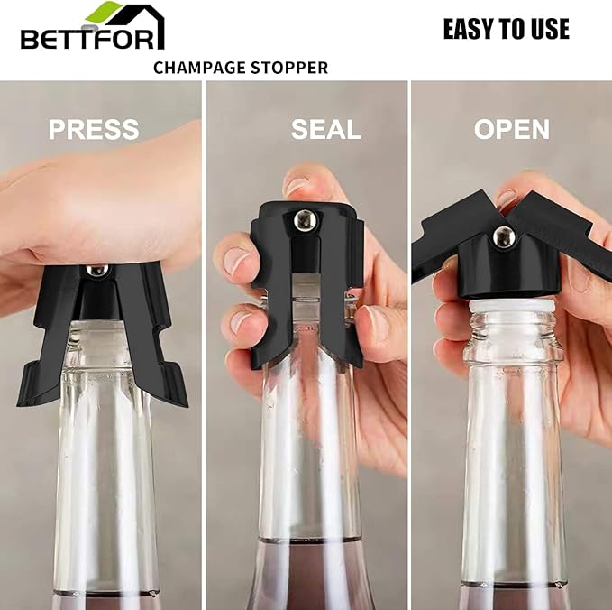 Champagne Stoppers with Stainless Steel Champagne Saver with Food Grade Silicone Leak proof Keep Fresh Suitable for Champagne, Cava, Prosecco and Sparkling(Black, 6 Pack)