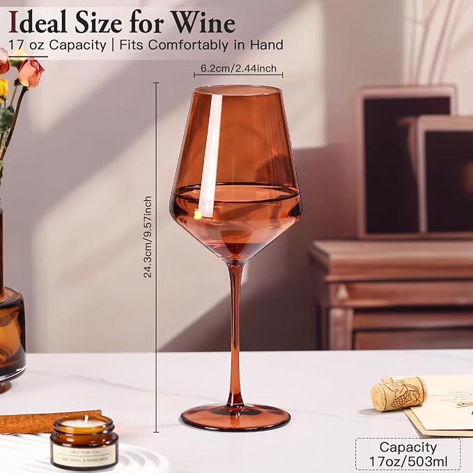 Venus Colored Wine Glasses Set of 6, Handblown Wine Glasse,Amber Coloful Glassware，17OZ for Red or White Wine,Wedding Gift, Anniversary, Christmas, Mothers Day Gifts,Gifts for My Wife