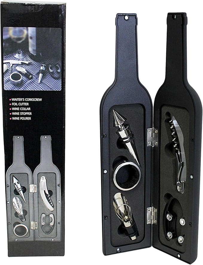 Wine Accessories Gift Set – 5-Piece Bottle-Shaped Wine Opener Kit with Corkscrew, Foil Cutter, Drip Ring, Wine Pourer & Stopper – Wine Lover Gift for Men & Women