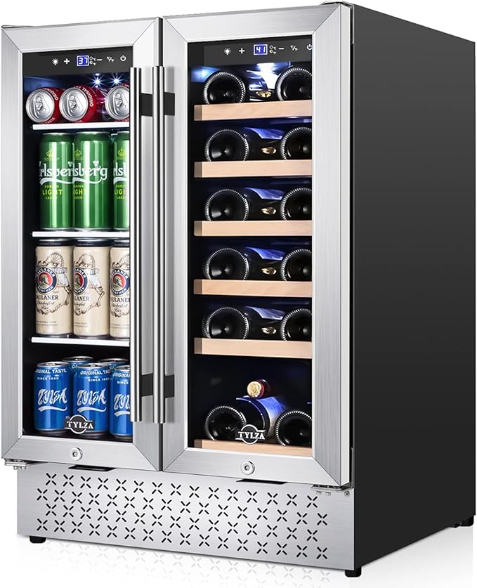 Tylza Wine and Beverage Refrigerator, 24 Inch Dual Zone Wine Fridge, Holds 18 Bottles and 88 Count, French Doors, Lock, Under-counter or Freestanding Wine Cooler, Beverage Fridge with Tempered Glass