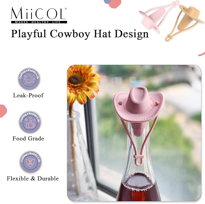 Miicol Wine Stoppers, Silicone Prosecco Stopper, Wine Bottle Stopper, Cowboy Hat Champagne Stopper, Wine Accessories, Funny Wine Lovers Gift, 2 Pack