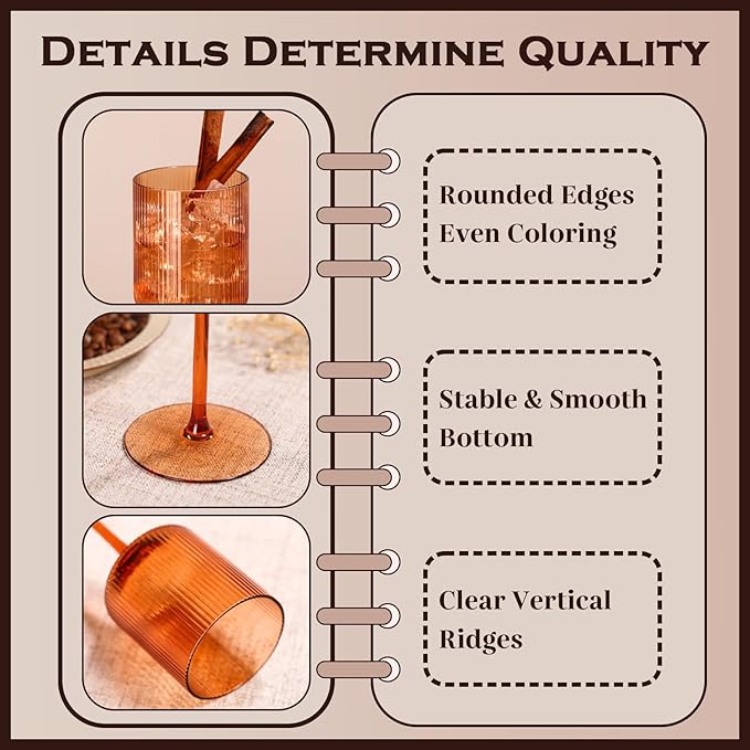 Halloween Decorations Maple Colored Square Wine Glasses Set of 6-11.5oz, Elegant Ribbed Design Amber Crystal Glassware with Long Stem, Hand Blown Stemware For Halloween, Thanksgiving