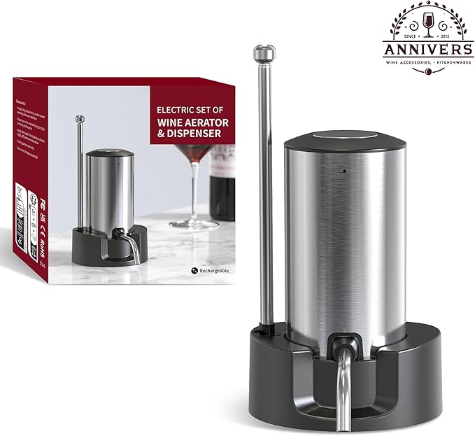 Electric Wine Decanter Automatic Wine Aerator Dispenser Pourer, USB-C Rechargeable Storage Base Stainless Steel Tube One-Touch Pump for All Btls, Aérateur Distributeur de Vin Électrique