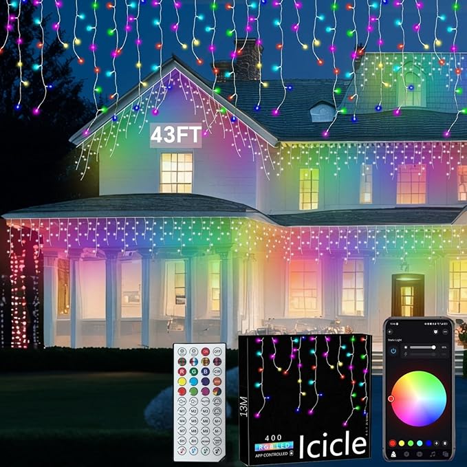 Led Icicle Lights Outdoor,43FT 400 LED RGB Smart Programmable Icicle Christmas Light for Outside,Color Changing LED Connectable Music Sync for House Decorations,Holiday,Red White Blue Independence Day