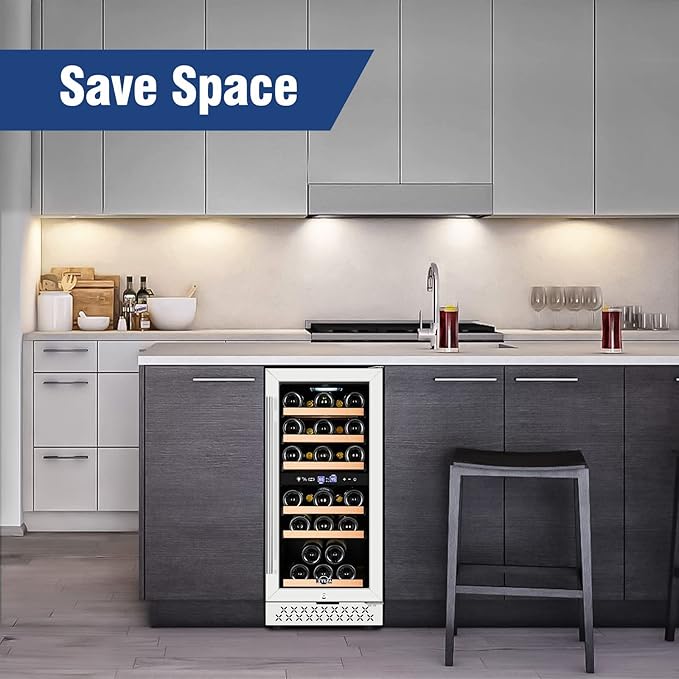Tylza 15 Inch Wine Fridge, 30 Bottles Dual Zone Wine Cooler Refrigerator, Undercounter or Freestanding, 40-65°F, Wine Cabinet with Tempered Glass Door, Wine Cooler for Home, Kitchen, Bar