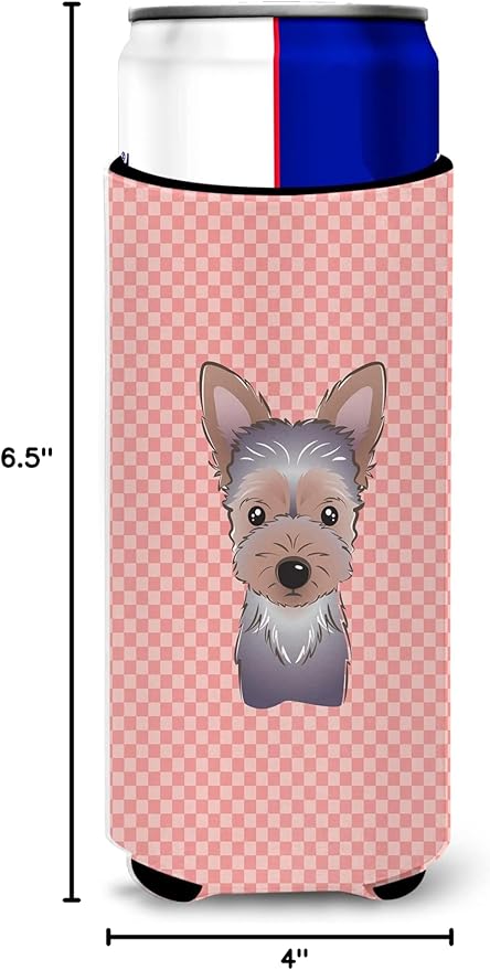 Checkerboard Pink Yorkie Puppy Ultra Beverage Insulators for slim cans BB1232MUK