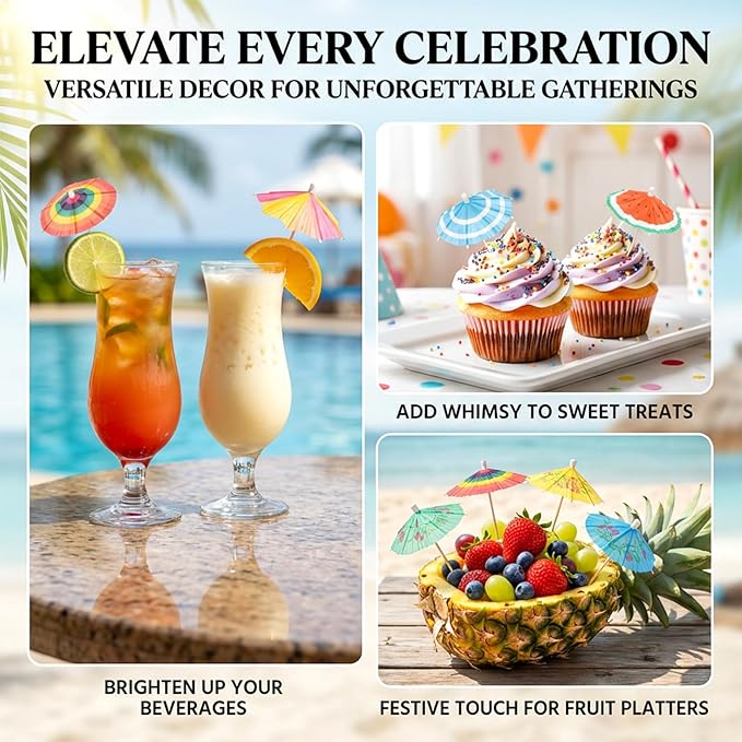 50 PACK Drink Umbrellas - 5 Styles Cocktail Umbrellas for Drinks, Paper Mini Umbrella for Drinks Hawaiian Cupcake Toppers, Colorful Cocktail Picks for Luau Parasols Tiki Party Decorations