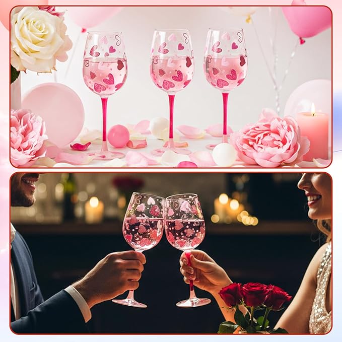 SiliFine 4 Pcs Valentine's Day Party Stemmed Wine Glasses Hand Painted Drinking Cup Wine Glasses for Birthday Theme Holiday Party Supply