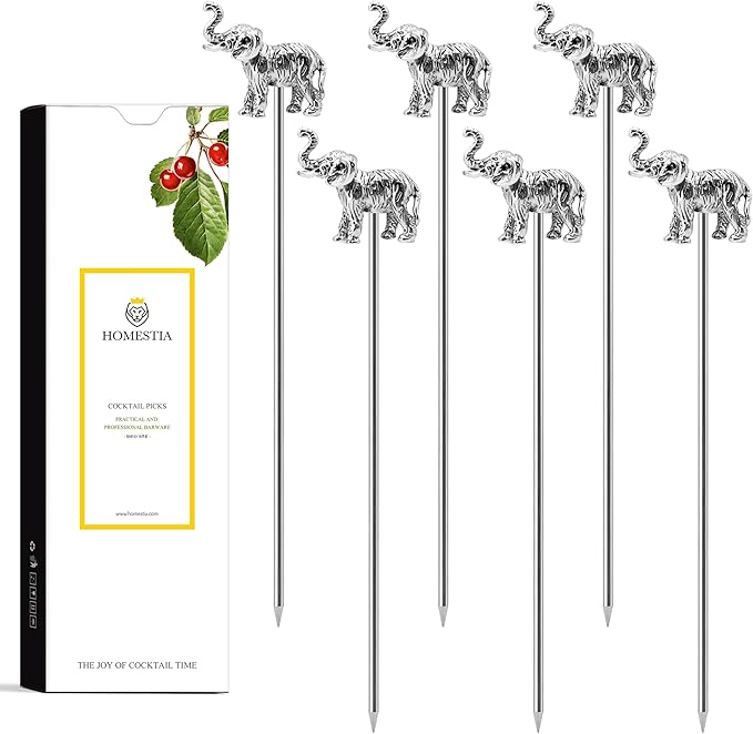 Homestia Stainless Steel Cocktail Picks, 4.7 Inch Elephant Animal Cocktail Toothpicks, Reusable Garnish Skewers for Drinks, Set of 6 Martini Olive Picks