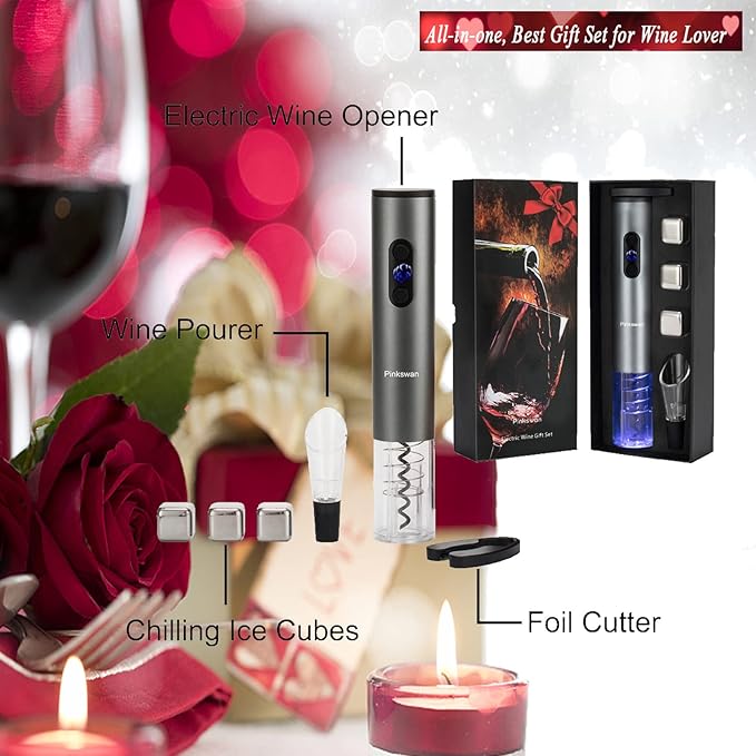 Wine Opener Electric Gift Set, Whiskey Stone Wine Lover Gifts with Wine Accessories of Automatic Corkscrew, Metal Ice Cube, Wine Pourer, Foil Cutter 4-in-1 set