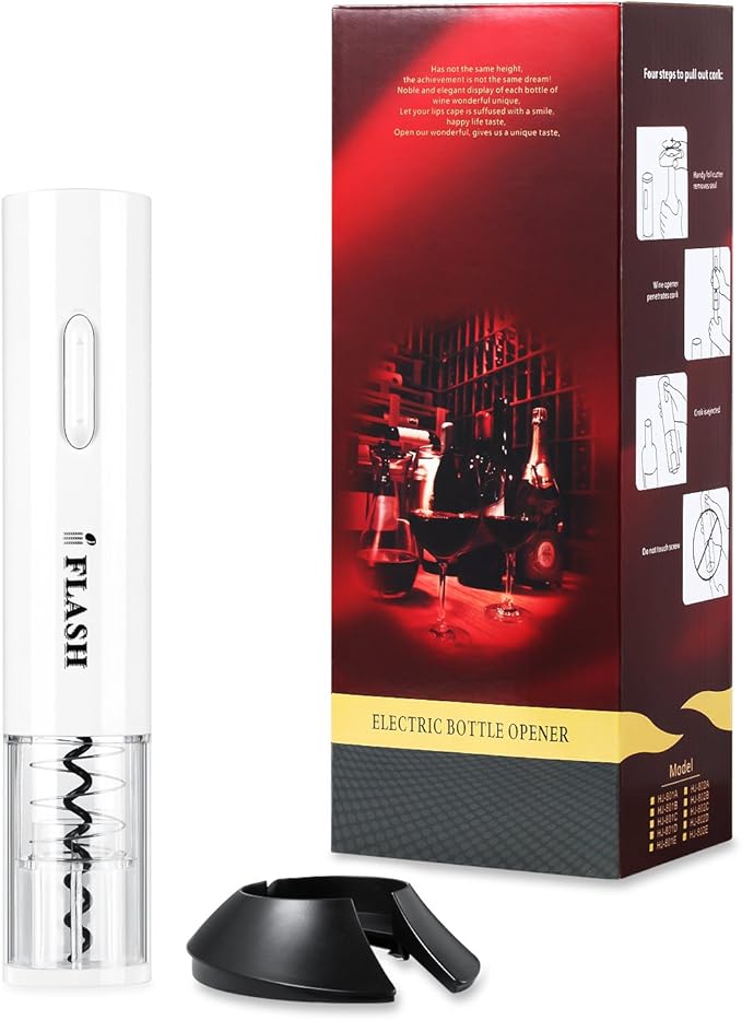 [Electric Automatic Style] iFlash Electric Wine Bottle Opener - Premium Quality Material with Cordless Design - AA Battery Powered - Unique Transparent Shell - Professional Foil Cutter Included -White