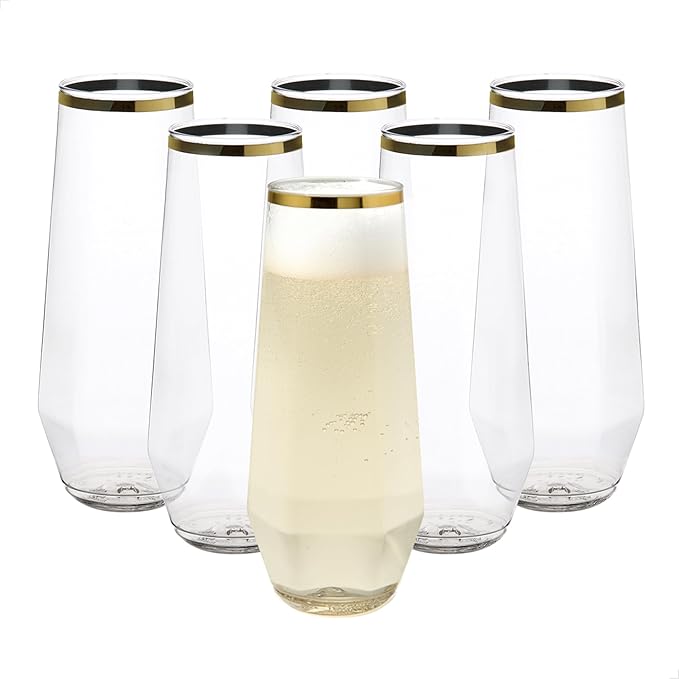TOSSWARE POP 9oz Stemless Gold Rim Diamond Champagne Flute Set of 48, Premium Quality, Recyclable, Unbreakable & Crystal Clear Plastic Champagne Glasses