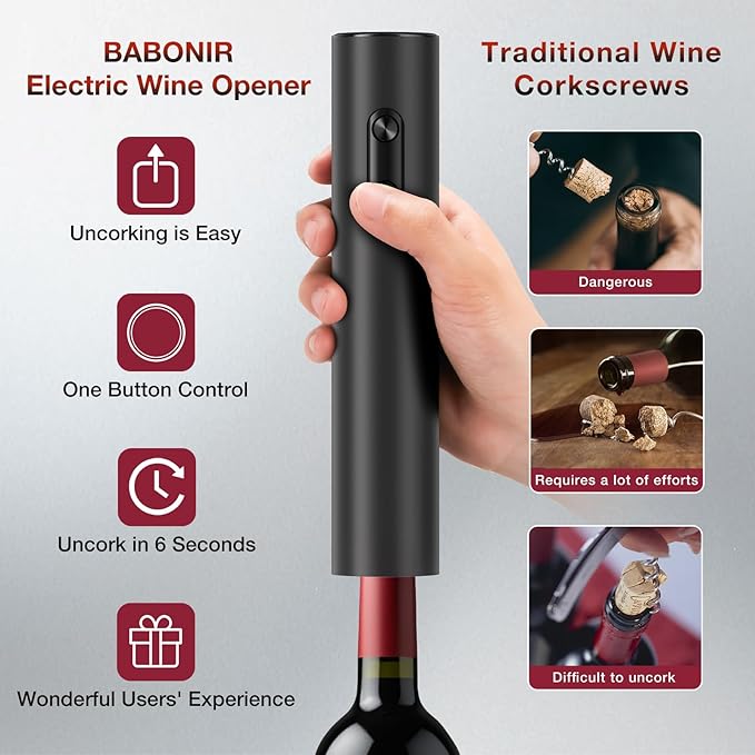 Electric Wine Opener, BABONIR Automatic Corkscrew with Foil Cutter, One-Button Operation for Effortless Cork Removal, Perfect Wine Gift for Wine Lovers, Thanksgiving, Christmas, Party & Home