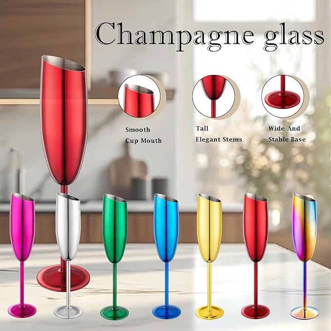 Champagne Flutes Set of 2, Premiumty Stainless Steel High Footed Champagne Glasses, 7oz Capacity,Unbreakable Slanted Champagne Glasses