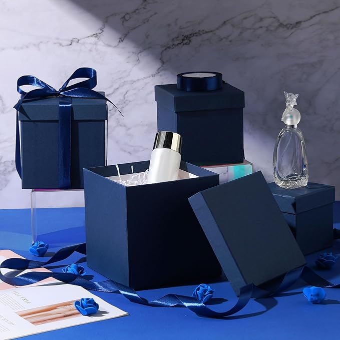 Cholemy 5 Pcs Square Nesting Boxes Decorative Gift Boxes with Lid and Ribbon Assorted Sizes Wrap for Wedding, Carnival, Anniversary, Birthday, Bridal Shower Party Gifts(Navy Blue)