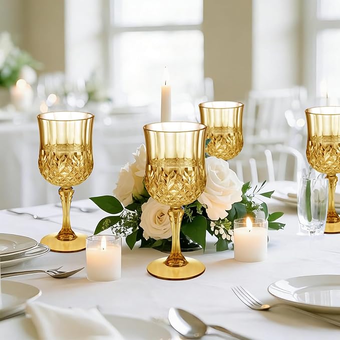 7OZ Plastic Wine Glasses, Disposable Goblets Drinking Glasses Crystal Vintage Water Cups Unbreakable Champagne for Wedding, Parties, Valentine's Day (Yellow)