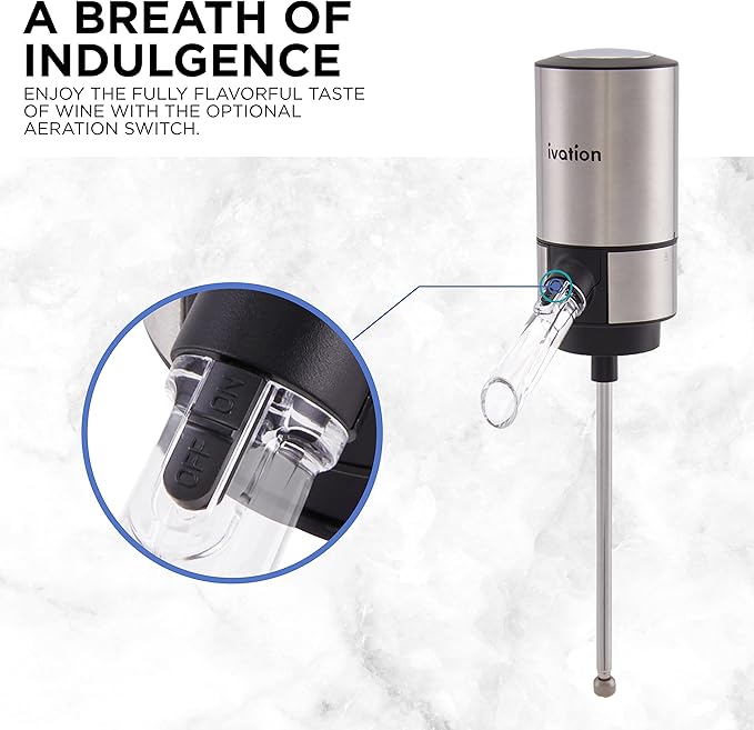 Ivation Stainless Steel Wine Aerator & Dispenser Set | Electric Battery-Operated Universal Wine Spout with Automatic Button Dispenser, Aeration Control, Stainless Steel Extension Rod & Storage Stand