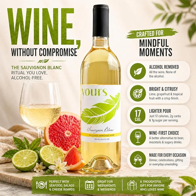 YOURS Non-Alcoholic White Wine – Sauvignon Blanc, Alcohol-Removed 750mL Bottle, Crisp Citrus Lime & Grapefruit Notes, Low Sugar, Low Calorie, Serve Chilled