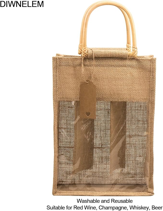 DIWNELEM 2 Pack Burlap Gift Bags with Window - Jute Wine Bags for Wedding, Parties, Birthdays, Christmas & Holidays