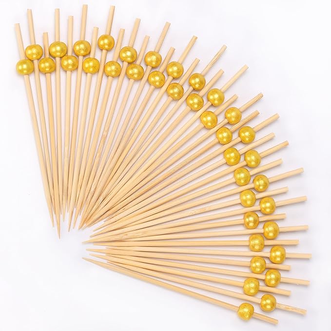 200 PCS Premium Cocktail Picks, 4.7 Inch Long Cocktail Toothpicks Skewers for Appetizers，Fancy Cocktail Appetizer Pick Sticks Skewers for Drinks, Garnish，Fruit，Birthday, Wedding or Parties（Gold）