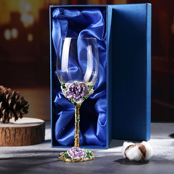Simcat Handmade Painted Enamel Flower Glass Wine Glasses Transparent Refined Goblet, Stem For Cabernet, Gifts (purple single gift box,big flower)