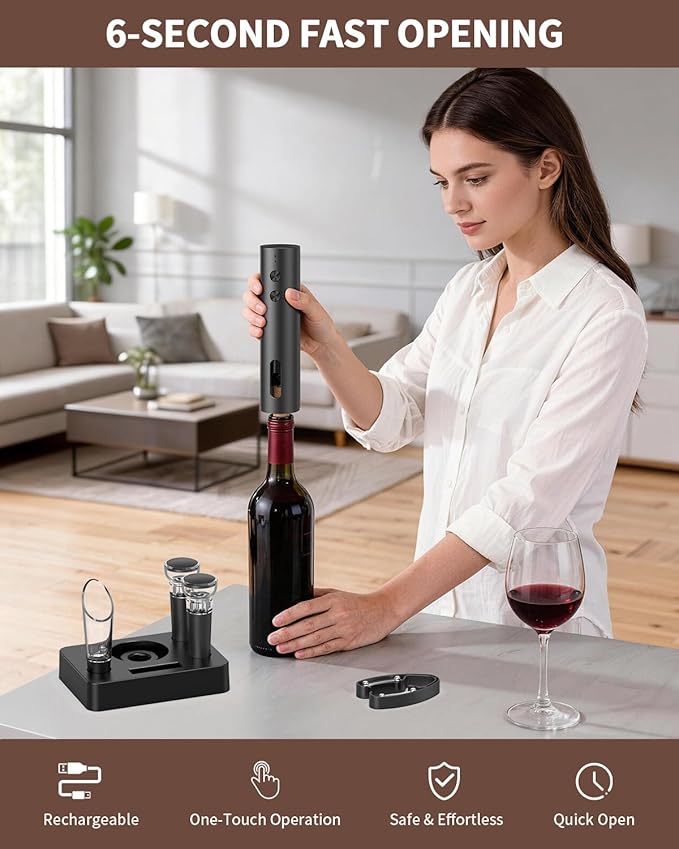 CIRCLE JOY Rechargeable Electric Wine Opener, 6-In-1 Cordless Electric Wine Bottle Opener with Pourer, Foil Cutter, 2 Vacuum Preservation Stoppers and Storage Base, Gifts for Wine Lovers