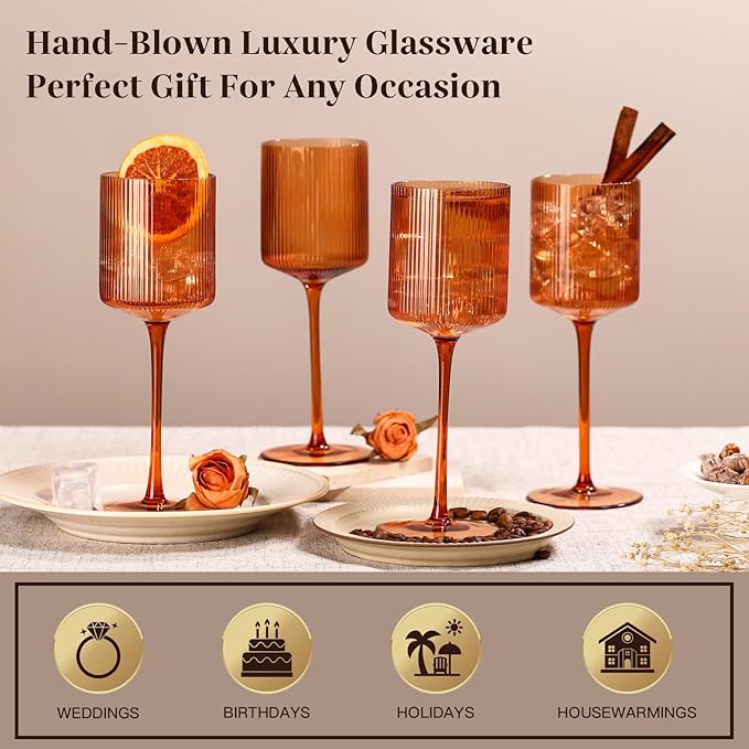 Halloween Decorations Maple Colored Square Wine Glasses Set of 6-11.5oz, Elegant Ribbed Design Amber Crystal Glassware with Long Stem, Hand Blown Stemware For Halloween, Thanksgiving