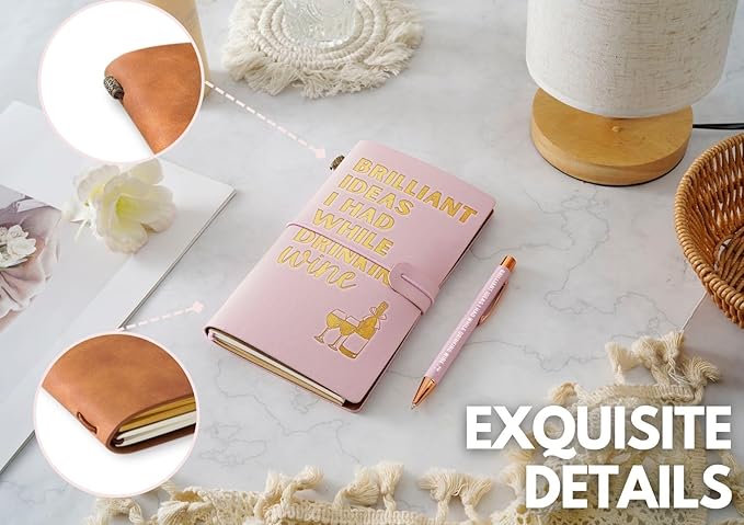 Wine gifts Leather Journal Notebook with Pen, for Wine Lovers, Men, Women on Birthday, Refillable Sketchbook, Travel Diary, Lined Planner, 7x5 Inches, Pink - Brilliant Ideas - Gold foil stamping