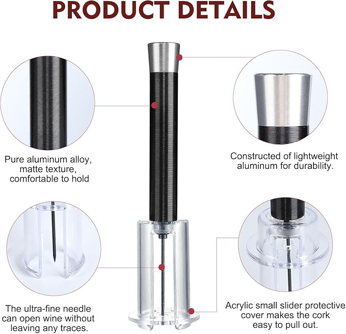 Wino on the Go Wine Opening Set, Air Pump Wine Bottle Opener Set, The Perfect Wine Opener, Wine Aerator Pourer Spout, Momentum Wine Opening Set, Wine Opener Pump(Aluminum head,Black)