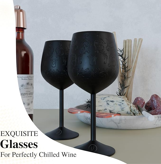 Mother’s Day Gift for Mom – Set of 2 Etched black Stainless Steel Wine Glasses, 17oz Engraved Goblets with Bottle Stopper, Unbreakable Elegant Wine Cups, Gift for Women, Wife, Mom, Sister