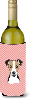 Caroline's Treasures BB1261LITERK Checkerboard Pink Jack Russell Terrier Wine Bottle Hugger Bottle Cooler Sleeve Hugger Machine Washable Collapsible Insulator Beverage Insulated Holder